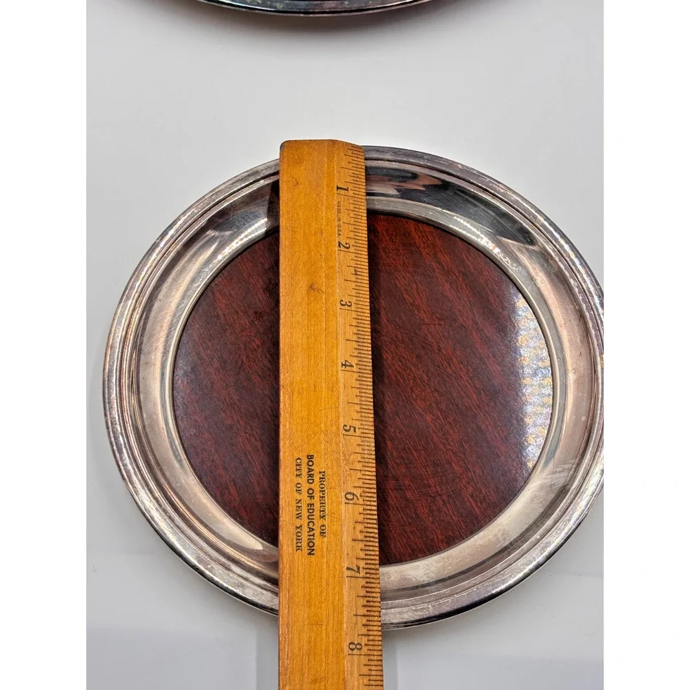 Vintage Crescent Silverplate Formica Coaster Set Wood Grain Bar Trays MCM